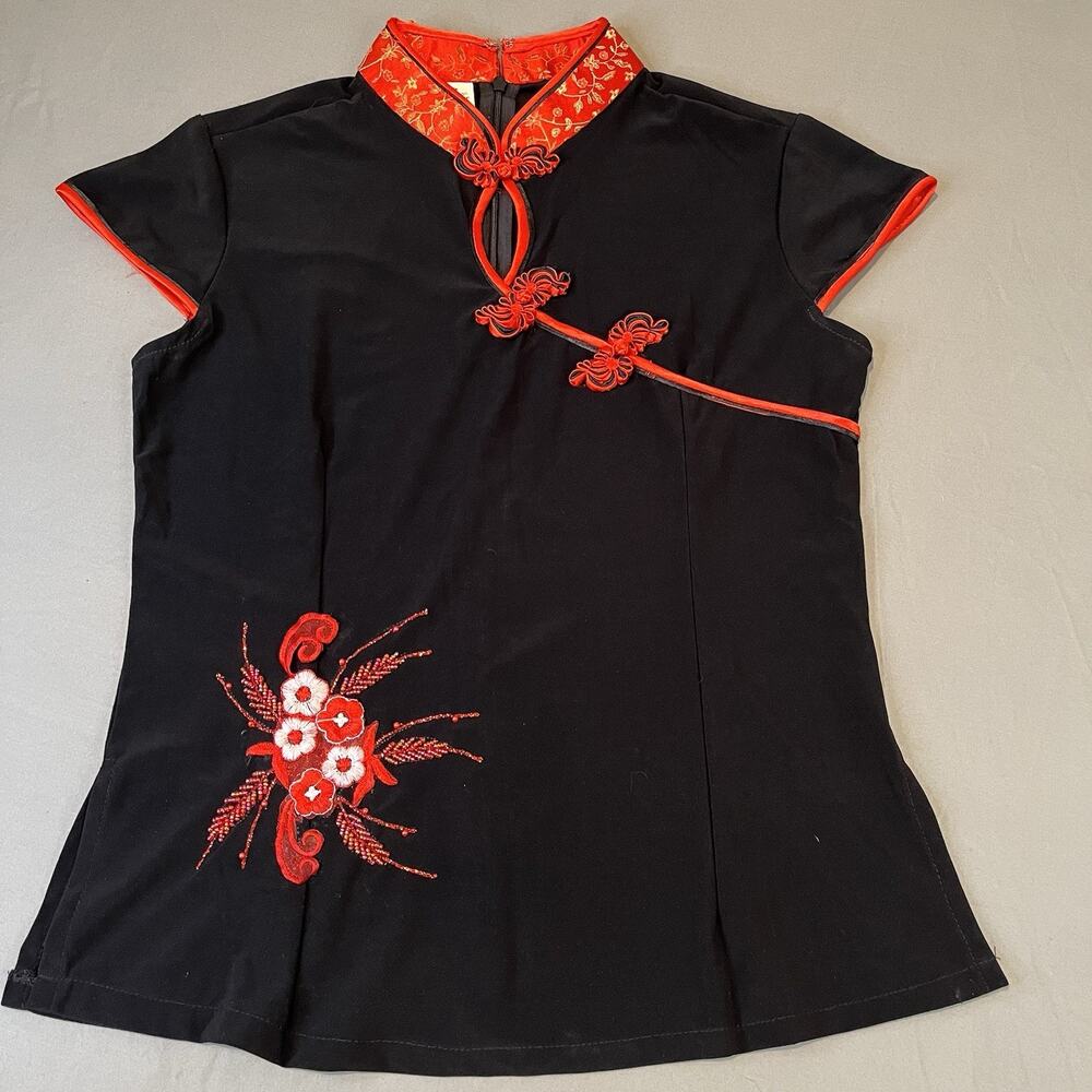Women XS Chinese Embroidered Short Sleeve Shirt Floral Cheongsam Halloween